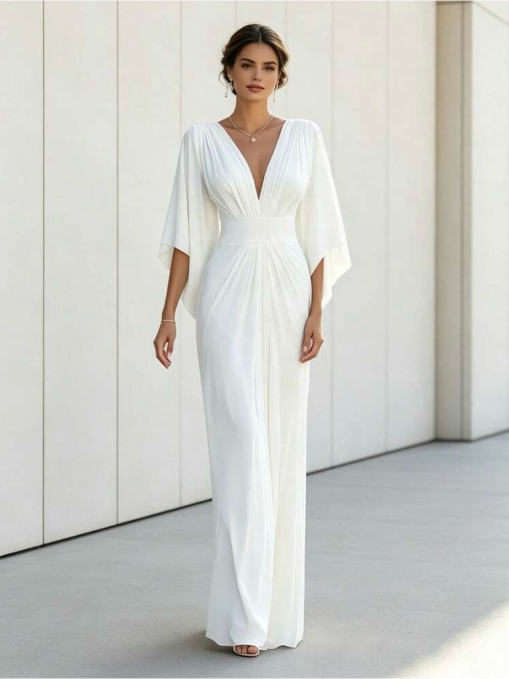 Elegant White V-Neck Maxi Dress with Draped Sleeves